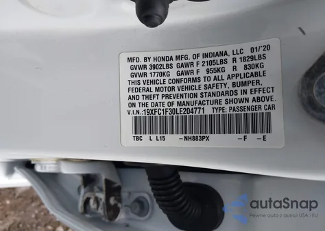 2020 Honda Civic Ex из США, поврежденный, VIN 19XFC1F30LE204771